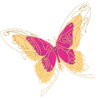 A drawing of a pink and yellow butterfly on a white background