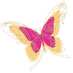 A drawing of a pink and yellow butterfly on a white background