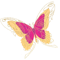 A drawing of a pink and yellow butterfly on a white background