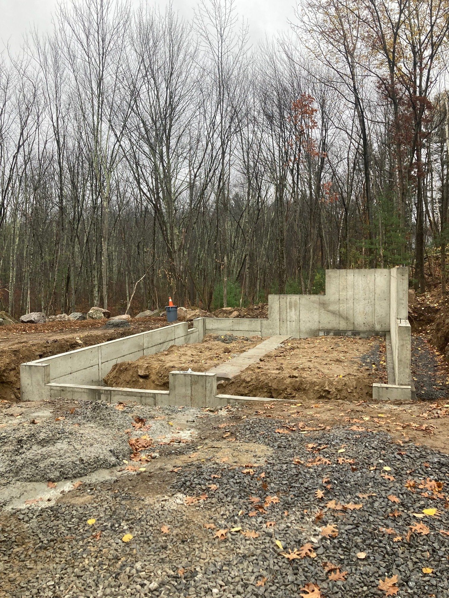 A concrete wall is being built in the middle of a forest.