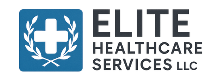 Logo for Elite Healthcare Services LLC: A white cross inside a blue square with olive branches and text 