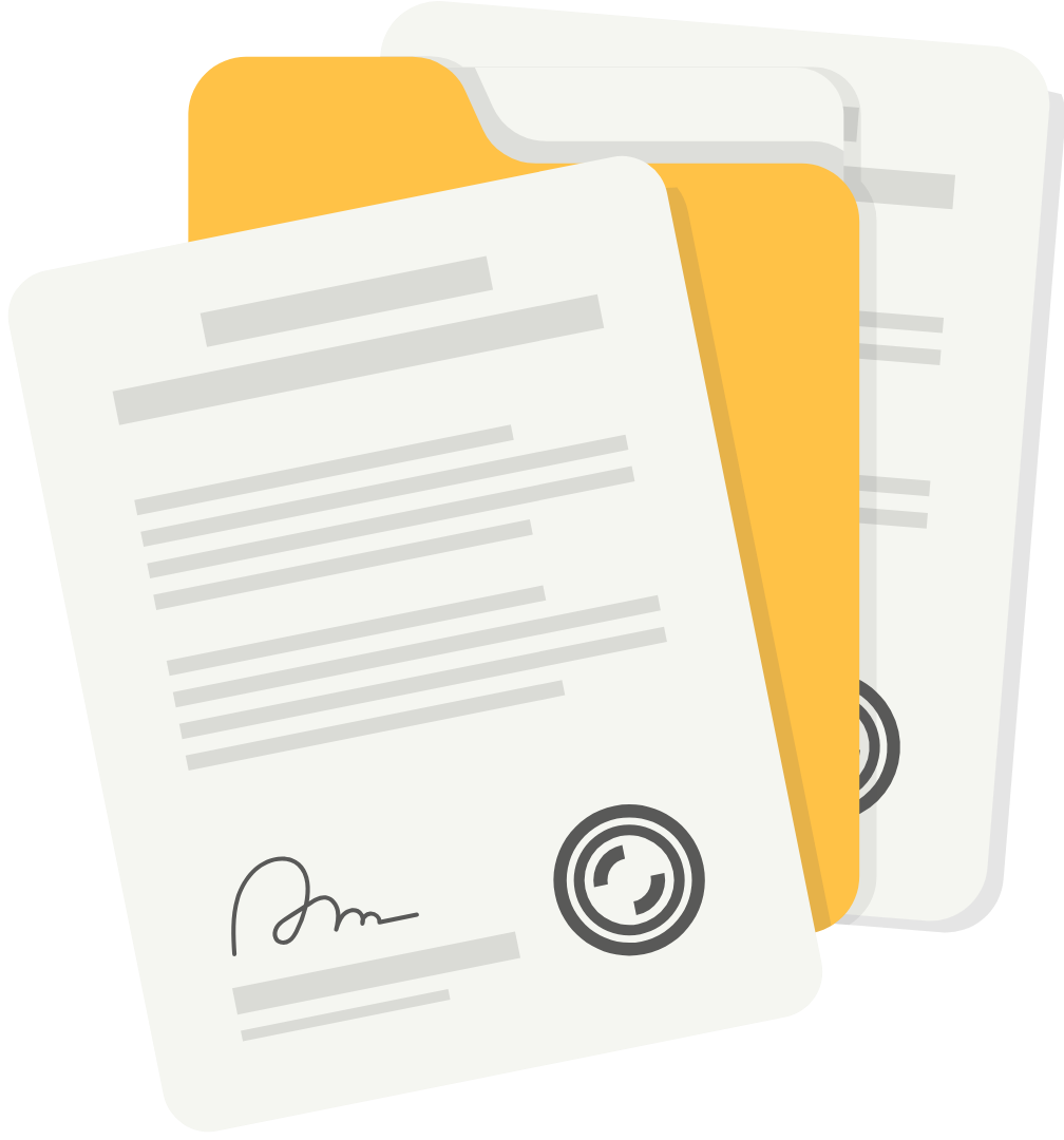 Documents in a yellow folder, with a signature and seal on the front page.