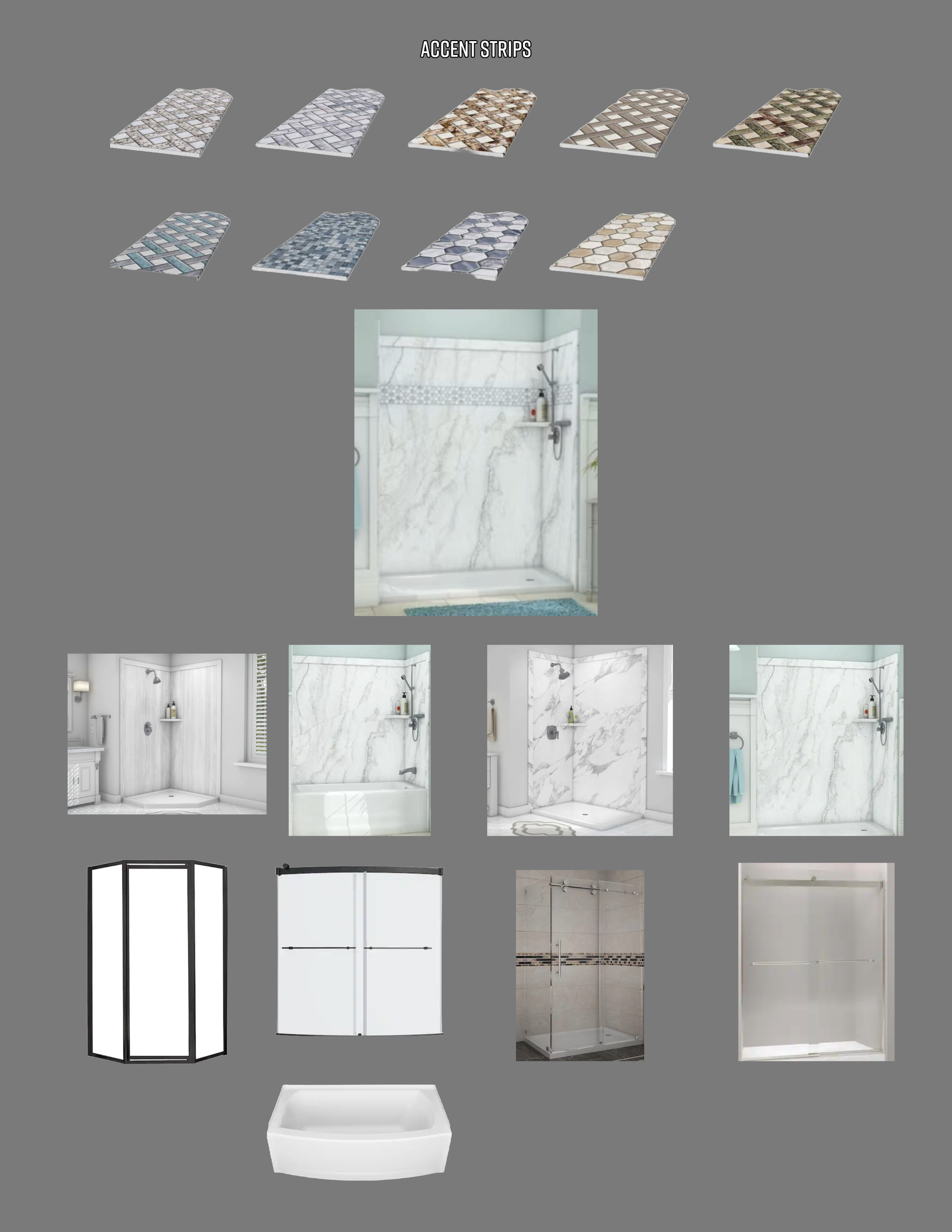 Shower design options with tile samples and glass enclosure styles.