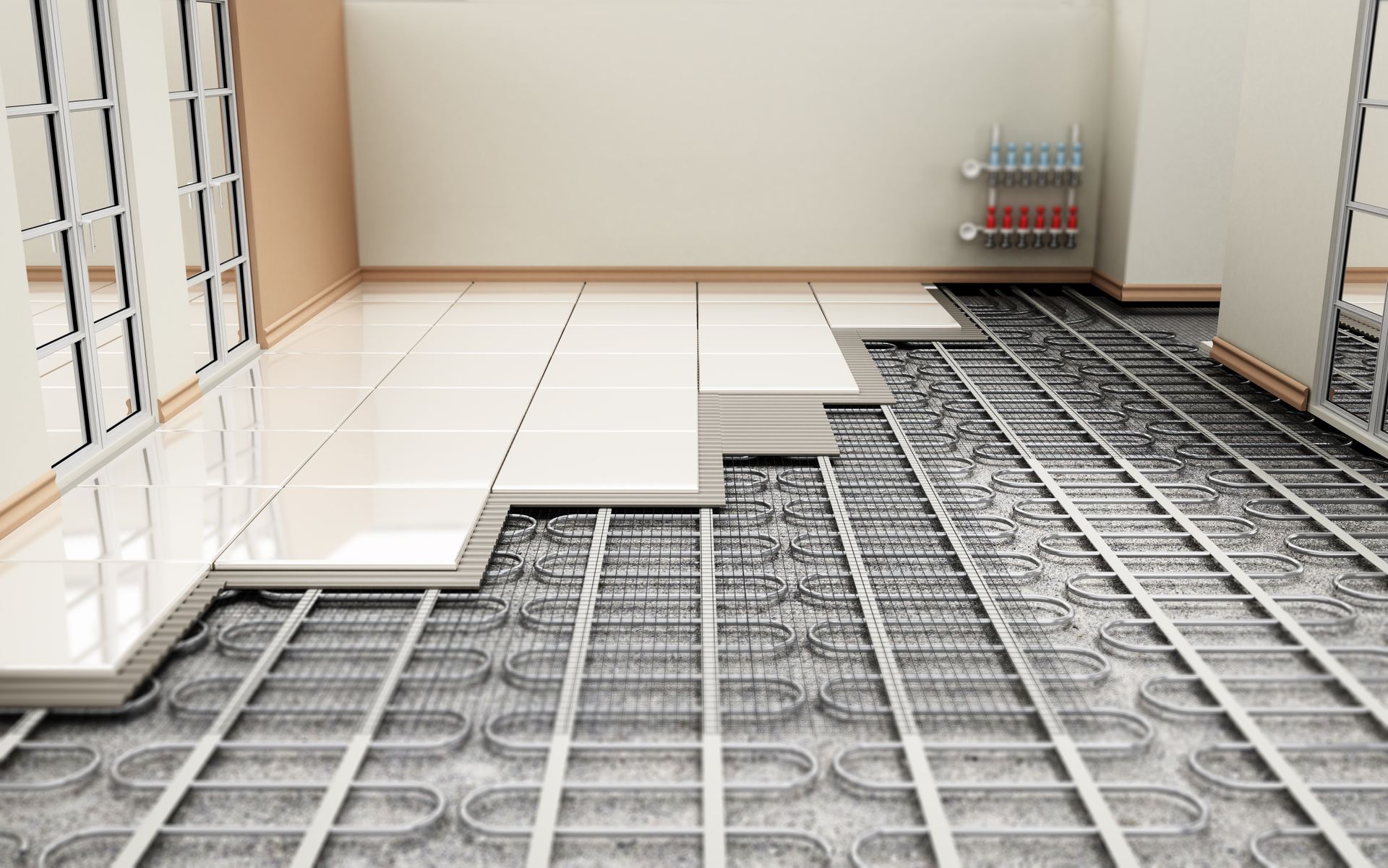 Floor heating system installation; tiles partially laid, revealing pipes and insulation. Beige walls, white tiles.