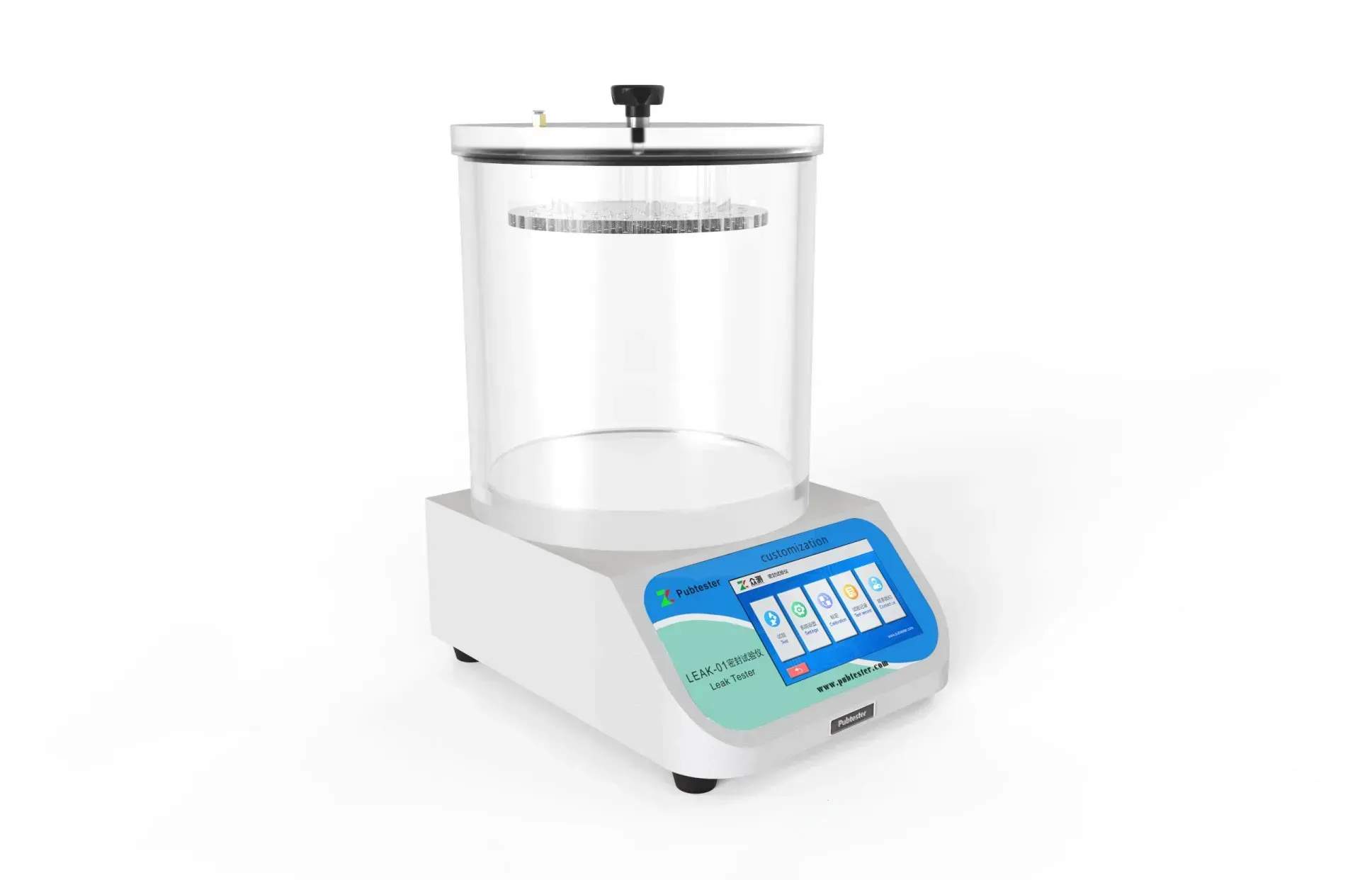 Aparato de laboratorio con un recipiente cilíndrico transparente, pantalla digital y perilla negra en la parte superior.