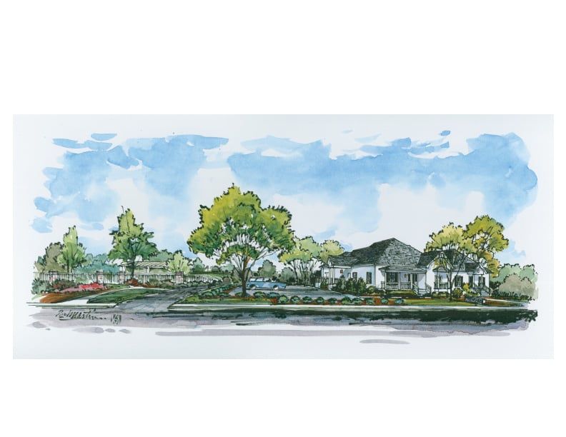 Watercolor rendering of a single-story building with trees and blue sky.
