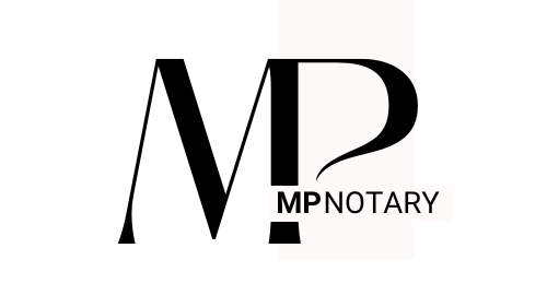 A black and white logo for mp notary on a white background.