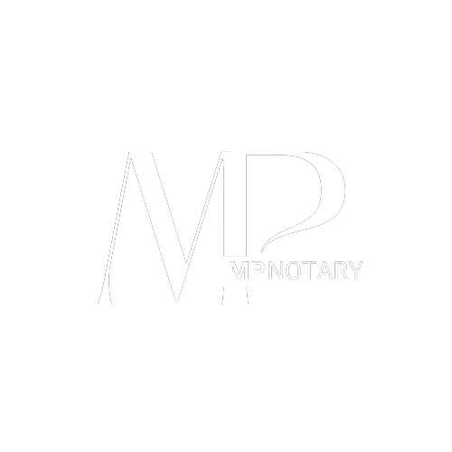 A white logo for a notary on a white background.