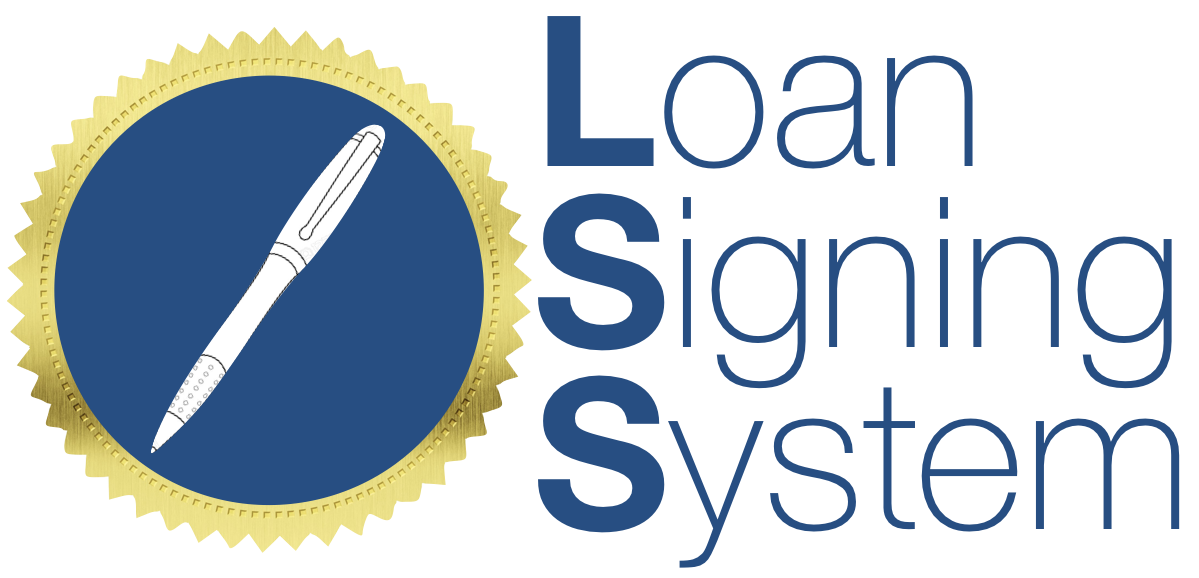 A logo for a loan signing system with a pen in a circle.