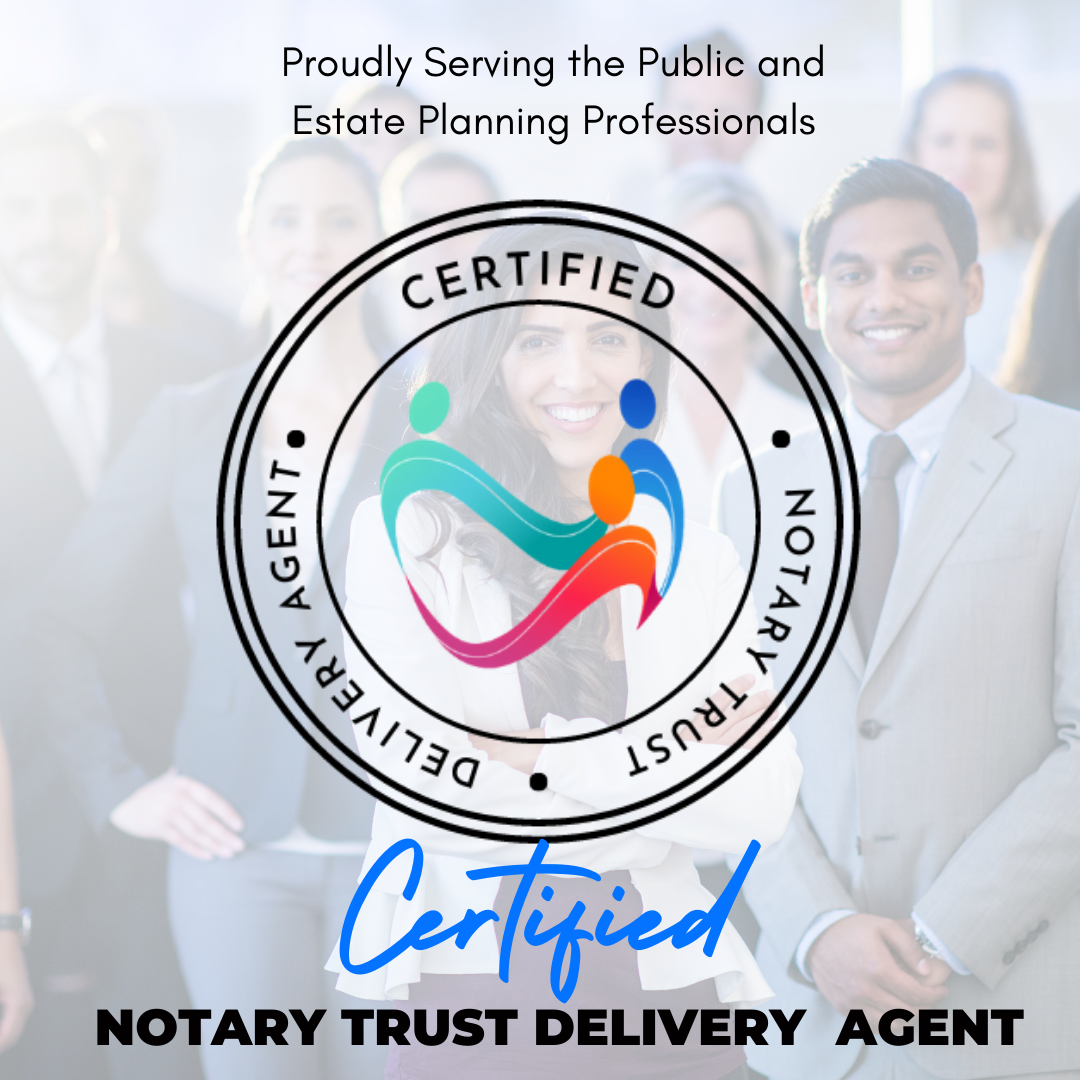 A group of people standing in front of a certified notary trust delivery agent logo