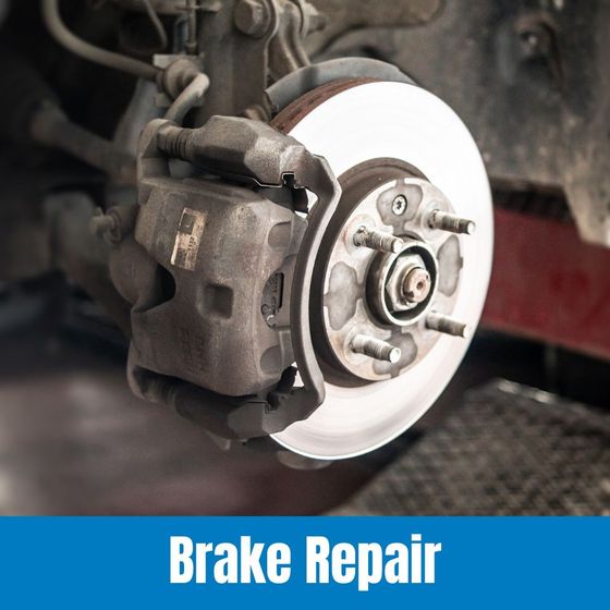 Car brake rotor and caliper during repair, with “Brake Repair” text at the bottom