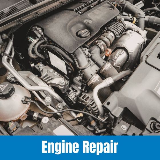 Car engine bay with exposed components under the hood, labeled “Engine Repair”