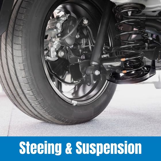 Car wheel and suspension components with “Steering & Suspension” text below