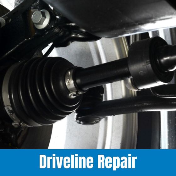 Close-up of a car driveline CV axle and boot with “Driveline Repair” text overlay