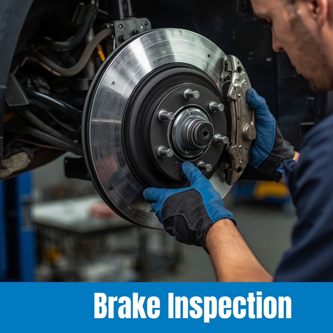 Mechanic inspecting a car brake rotor with blue gloves in a workshop, labeled “Brake Inspection”