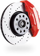 A perforated silver brake disc with a bright red brake caliper mounted on a black wheel hub against a white background. | Smithwest Service Center