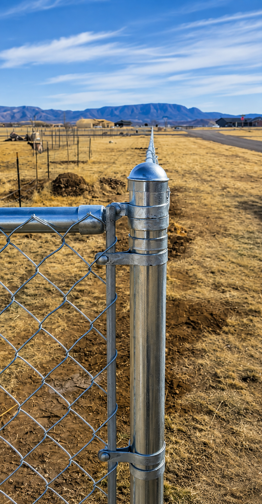 Chain-link fence post beside dry field with mountains and blue sky in the background