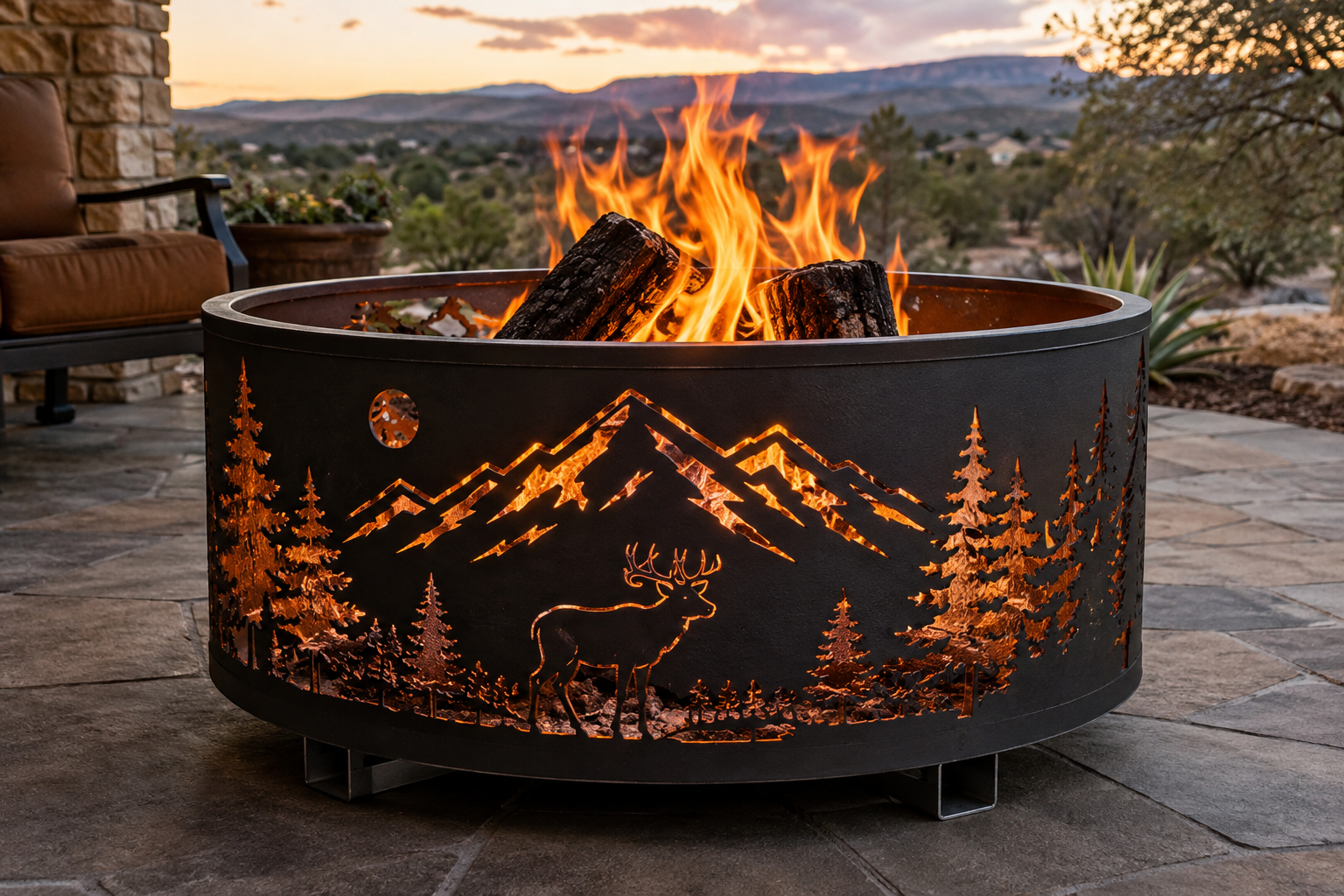 Outdoor fire pit with mountain and pine tree cutout, burning on a patio at sunset.