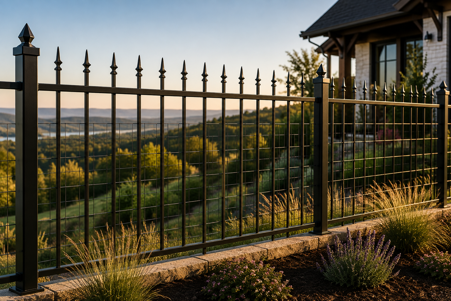 Black metal fence overlooking a sunlit hillside and valley beside a house at sunset