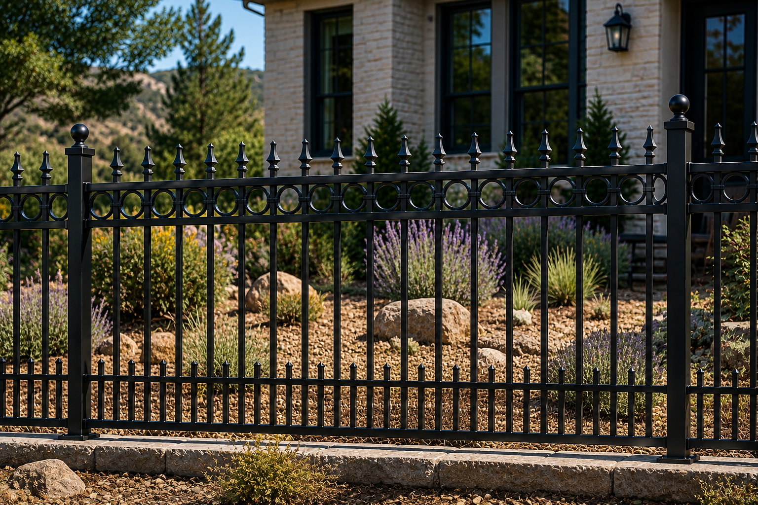 Black wrought-iron fence in front of a house and landscaped yard