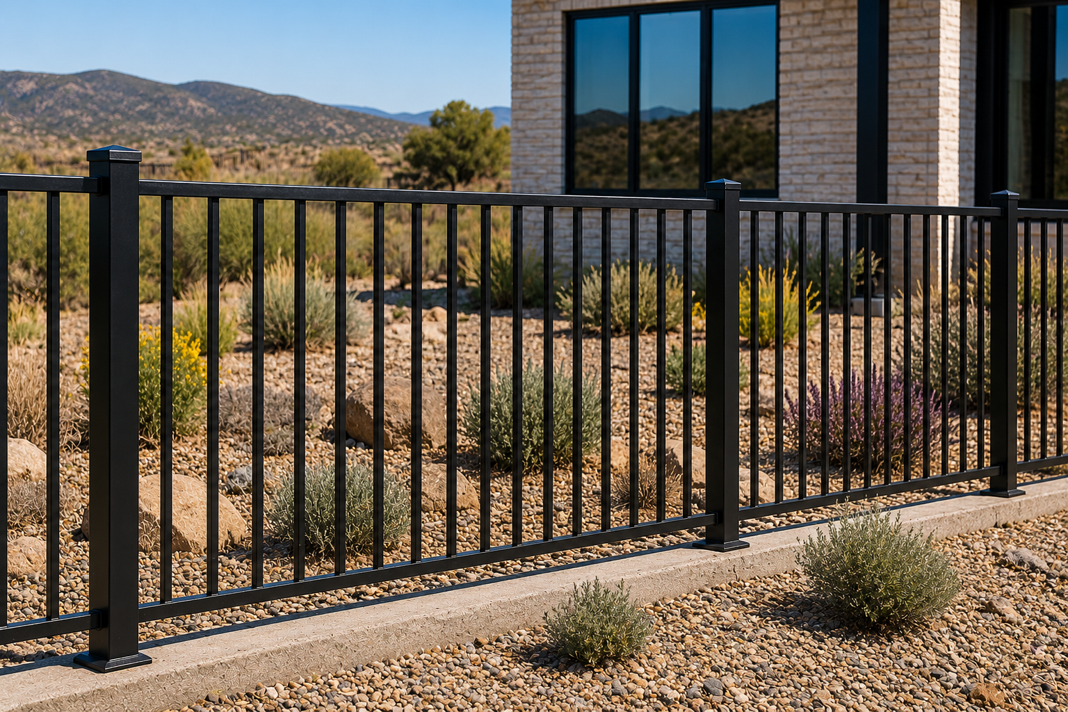 Black metal fence beside a modern house in a desert landscape
