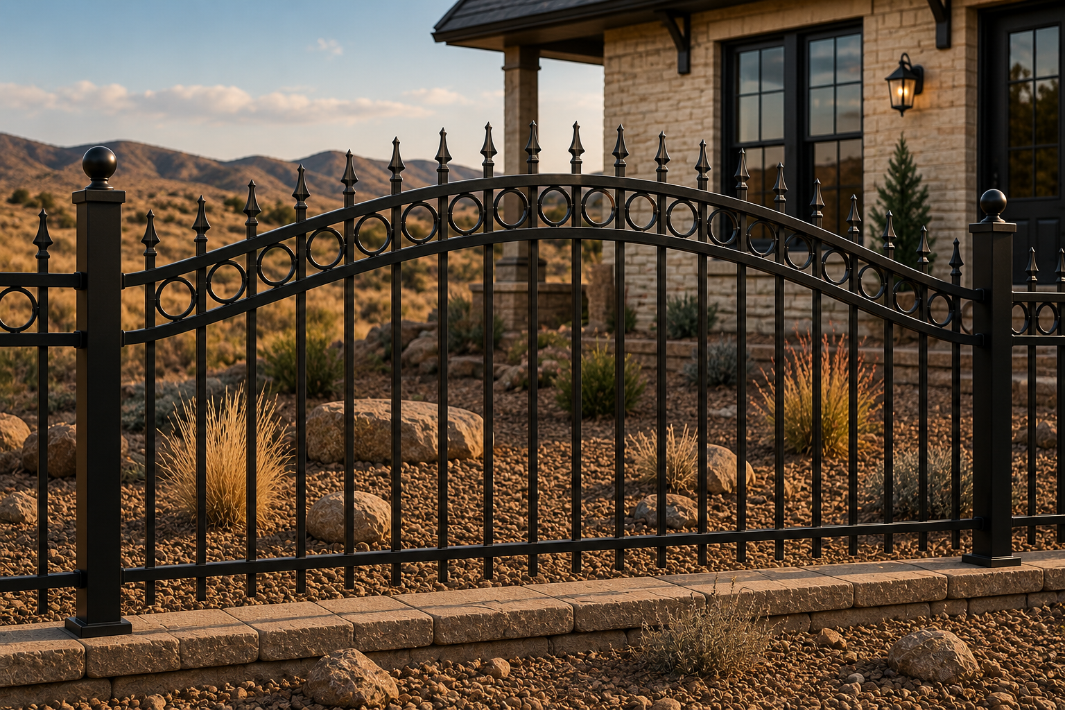 Black wrought-iron fence in front of a tan house and desert landscape at sunset