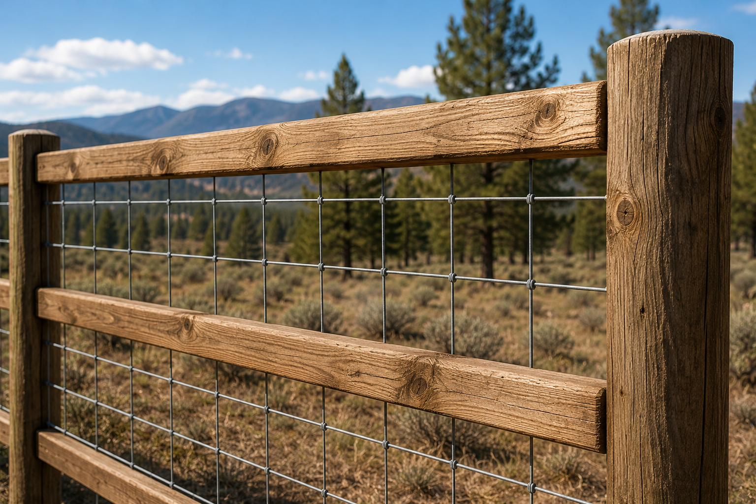 Wooden fence with wire mesh in a rural field, with trees and mountains under a blue sky