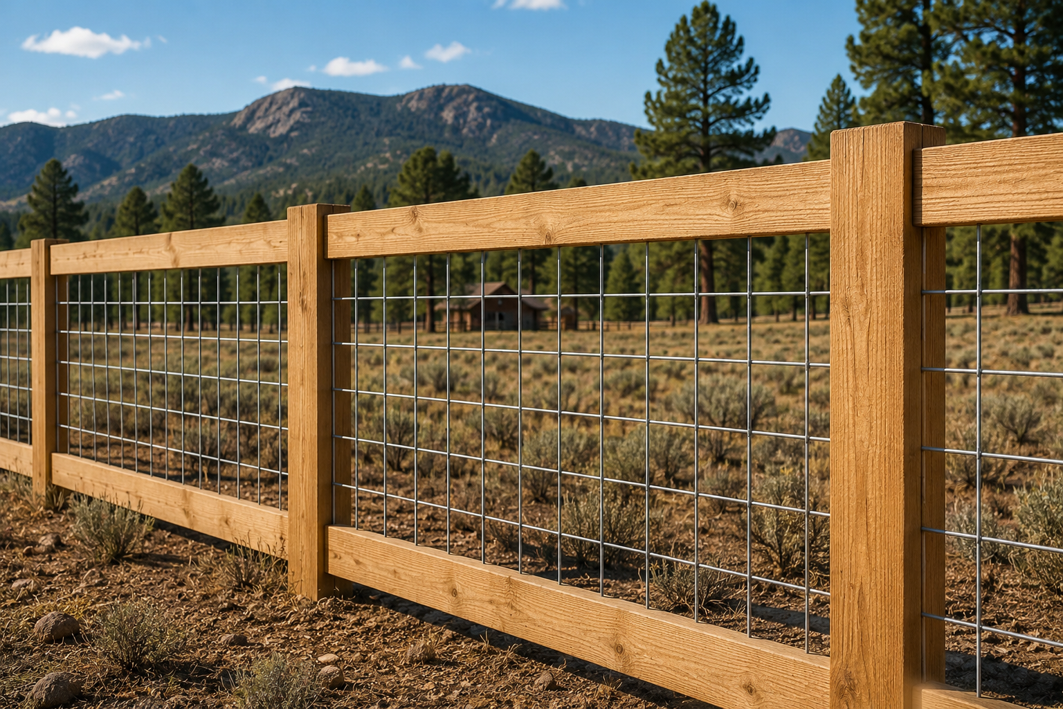 Wooden wire fence with mountains and pine trees in the background under a clear blue sky