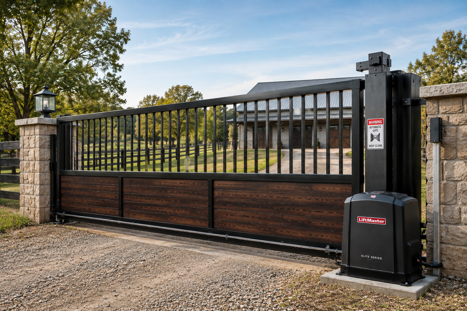 Black metal sliding gate with wood panels at a gravel driveway entrance, with gate motor post on the right
