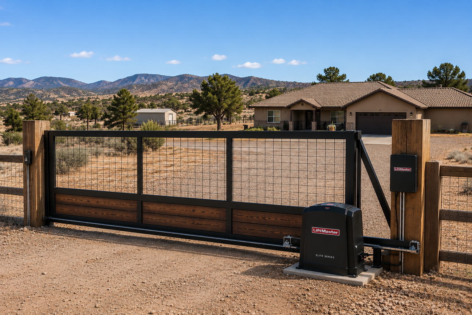 Black sliding driveway gate with stone wall, mailbox, and desert house in the background