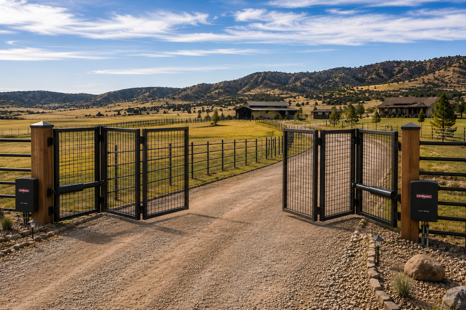 Open black gates on a gravel driveway leading to a fenced ranch with hills in the distance