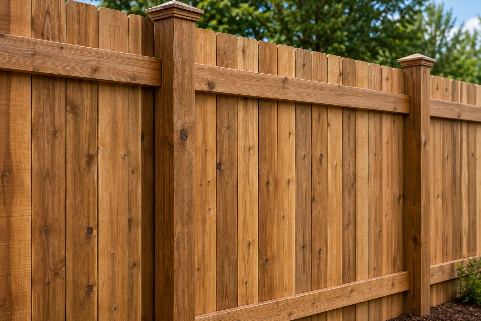 Wooden privacy fence with vertical planks and horizontal rails in a backyard