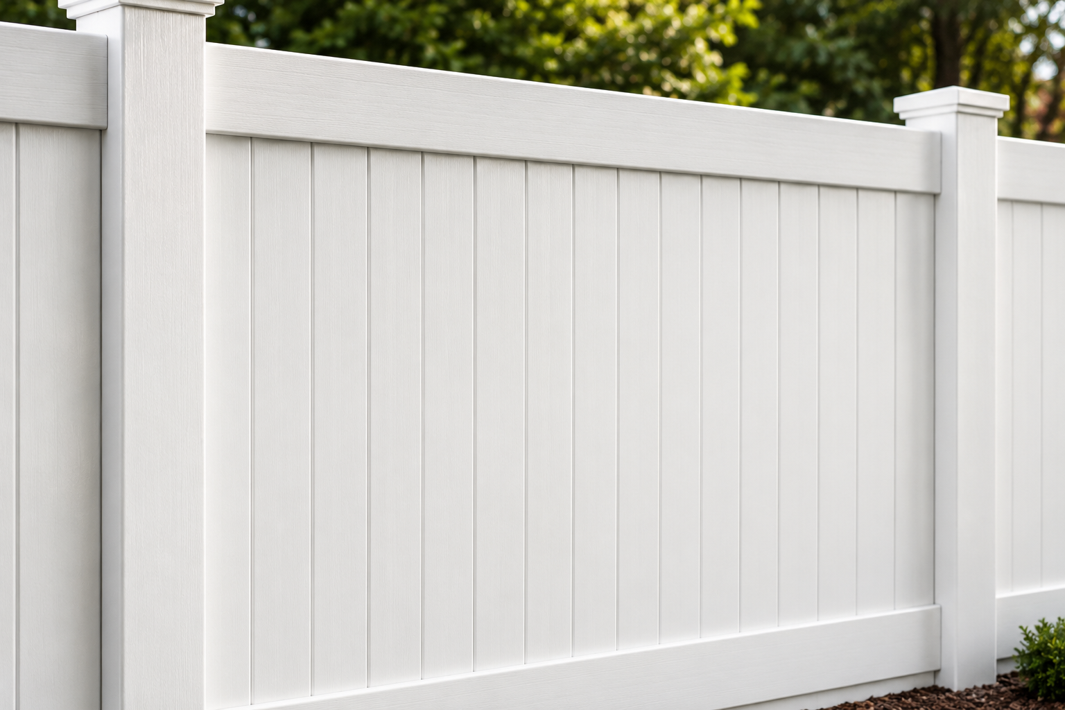 White vinyl privacy fence with vertical panels and posts along a yard edge