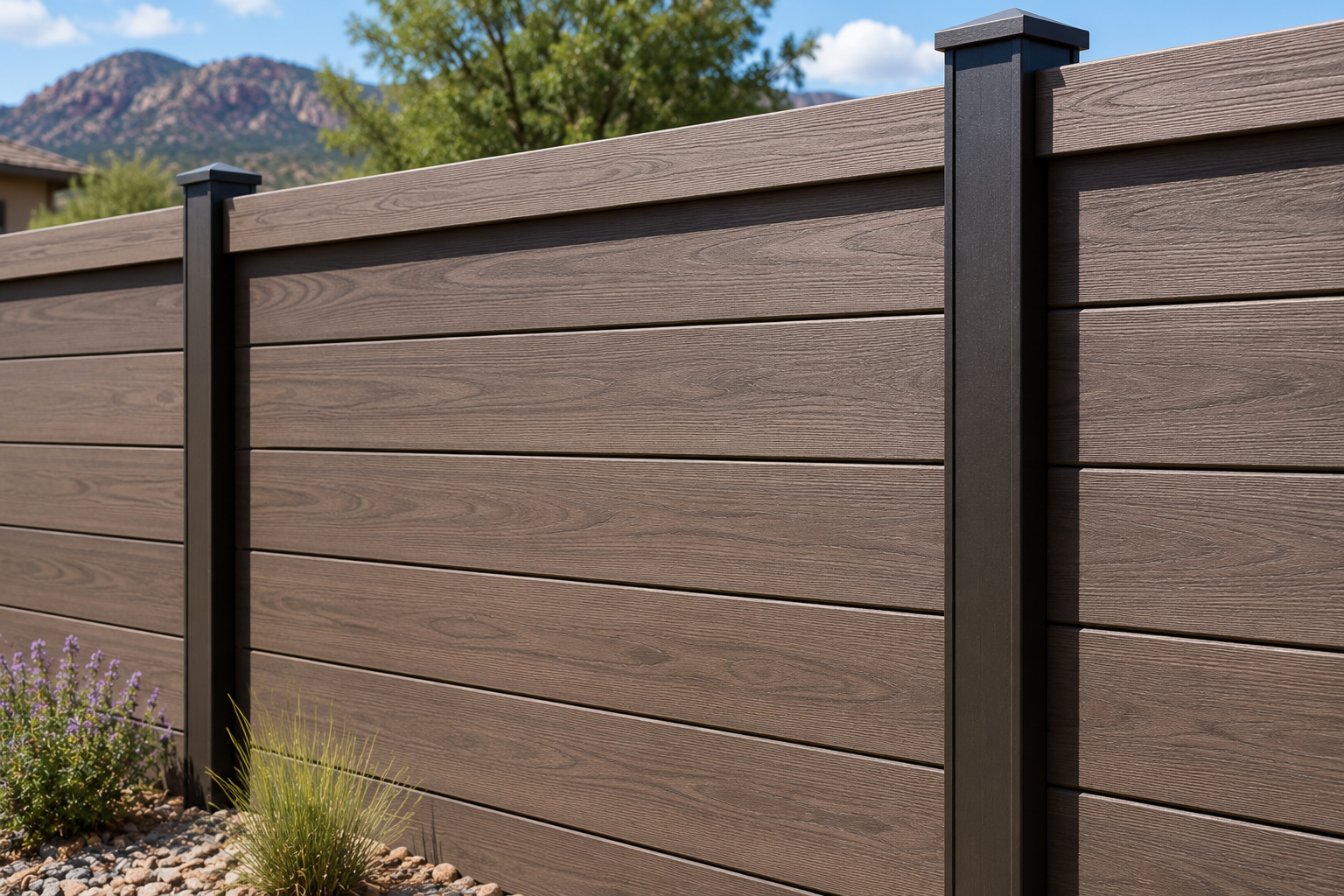 Brown wooden privacy fence with black posts along a residential yard, with mountains in the background