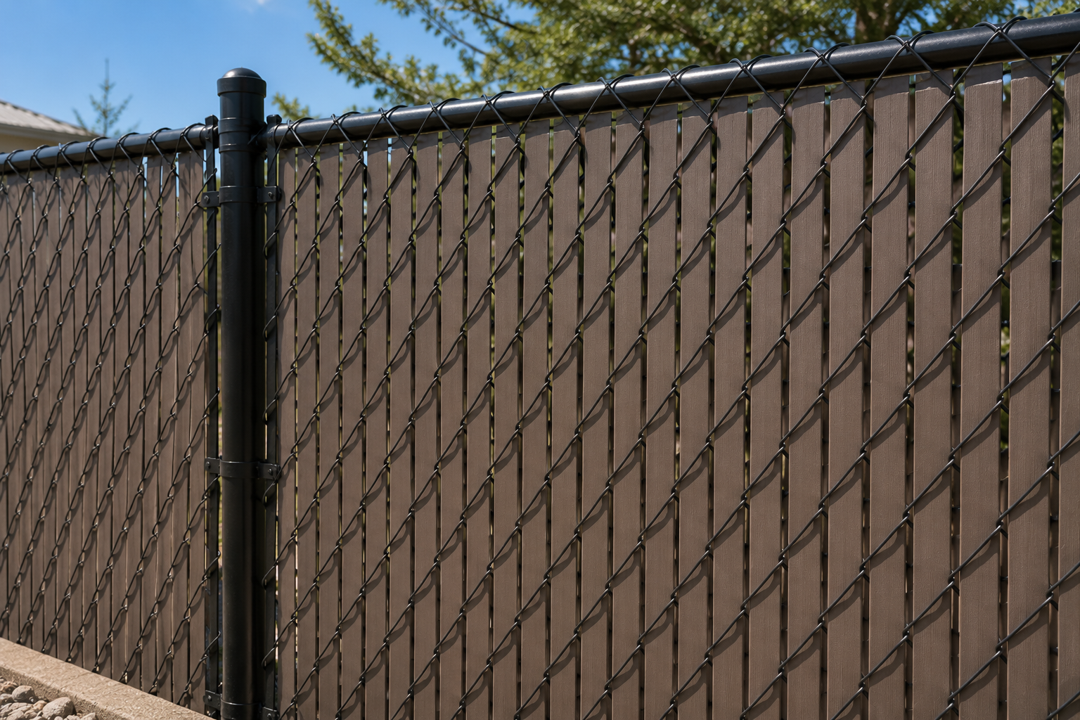 Brown chain-link fence with privacy slats and a black post against a blue sky