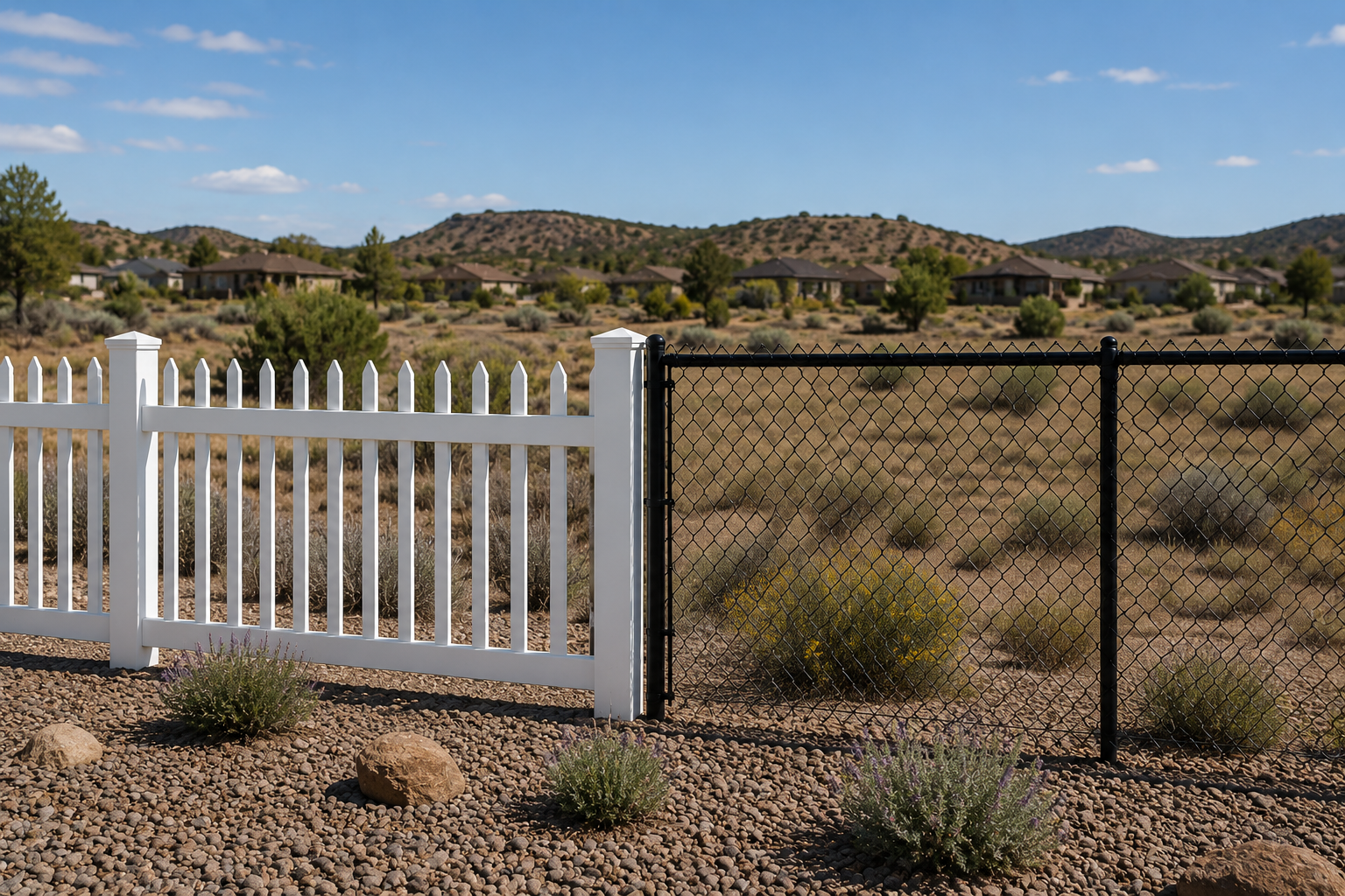 White picket and black chain-link fence in a dry desert yard with shrubs and hills in the background