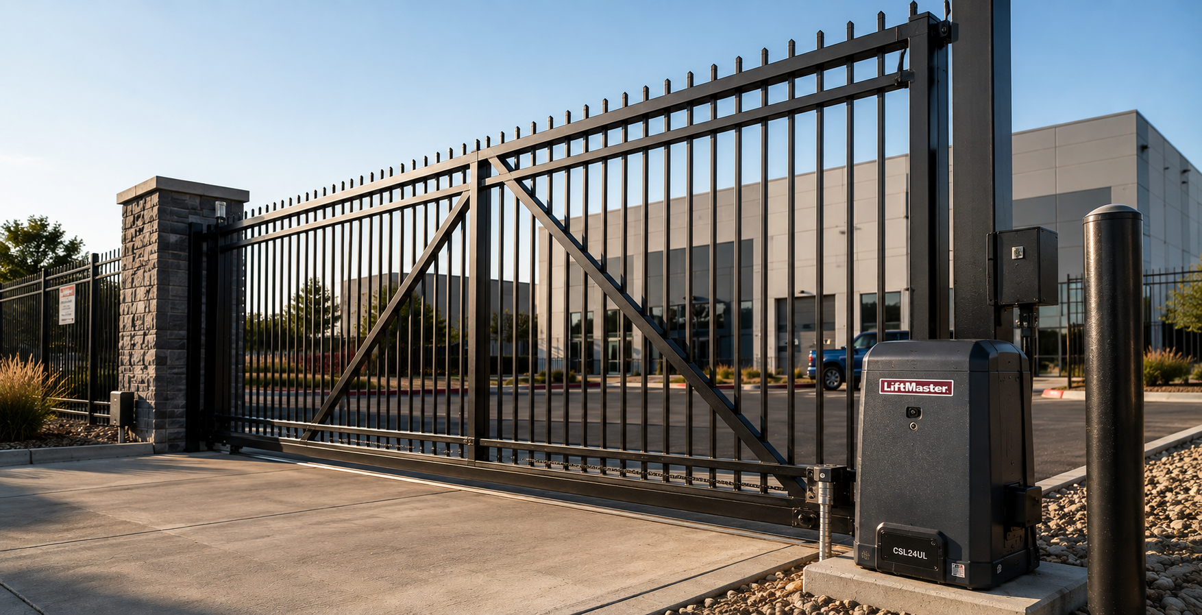 Black metal security gate with a keypad at the entrance to a commercial building.