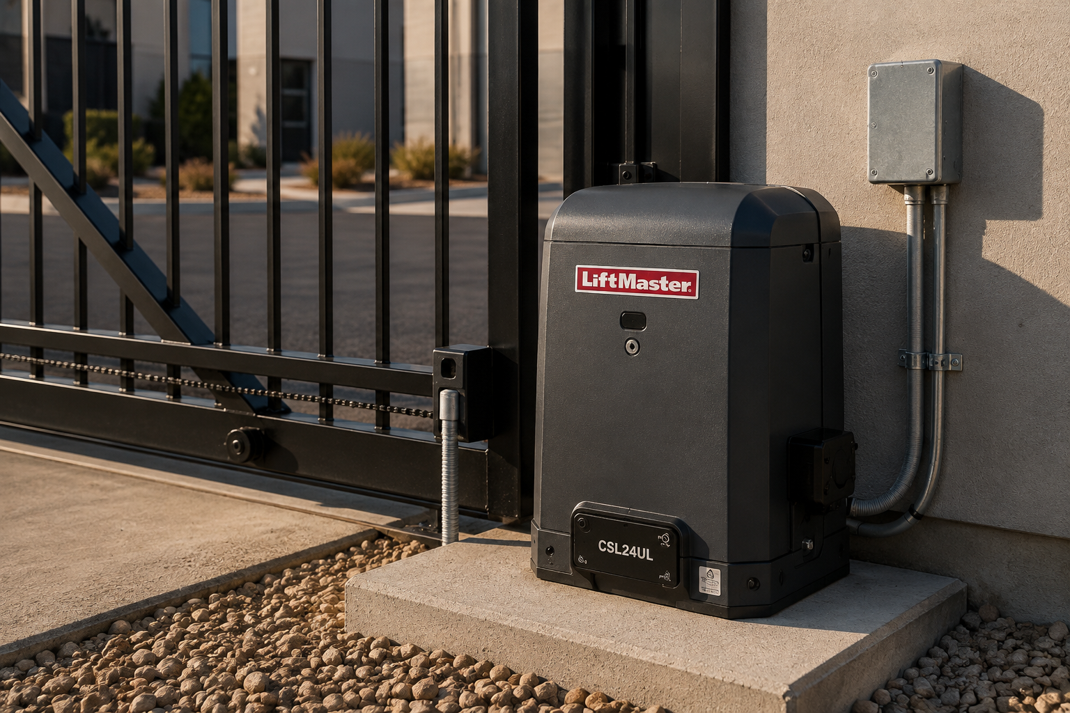 Black LiftMaster gate opener beside a sliding metal driveway gate and concrete wall outside a home