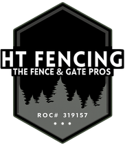 HT Fencing logo with black hexagon, pine trees, and “The Fence & Gate Pros” text
