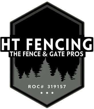 HT Fencing logo with black shield, white text, pine trees, and ROC #319157