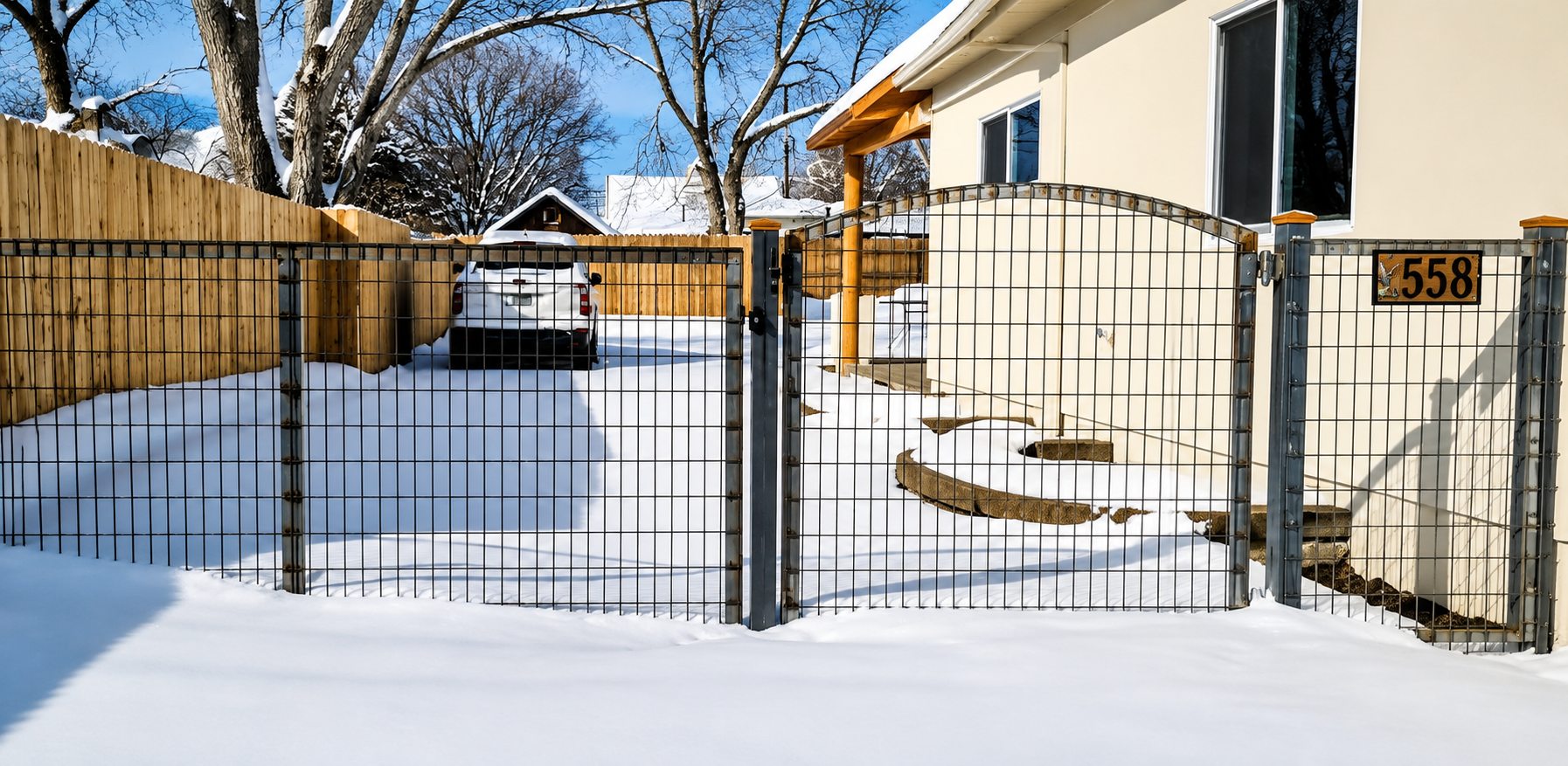 Snow-covered driveway behind a black metal gate beside a beige house under a clear blue sky