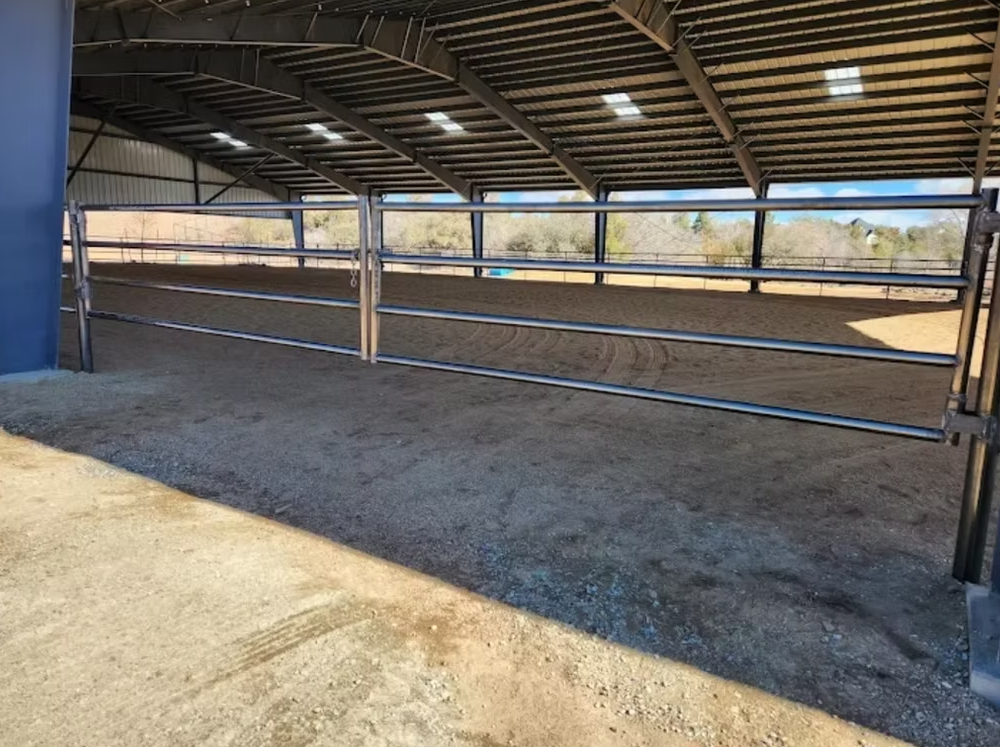 Empty covered livestock pen with metal rail fencing and dirt floor in daylight