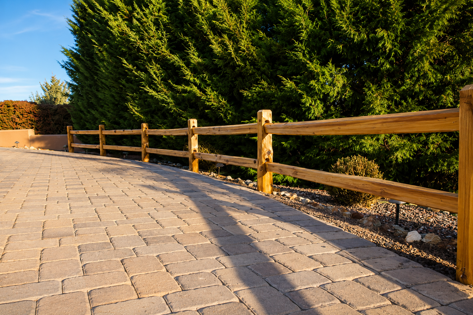 Curved stone walkway beside a wooden fence and tall green hedges in warm sunlight