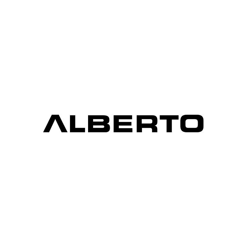 Ein schwarzweißes Logo für Alberto auf weißem Hintergrund.