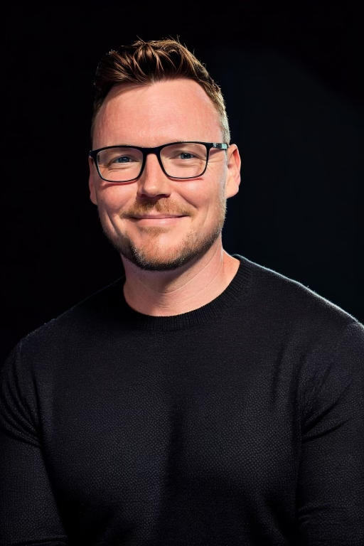 Man with glasses smiles, wearing a black sweater, against a dark background.