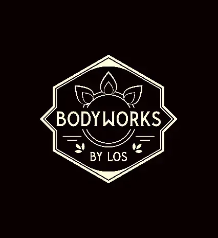 Bodyworks logo with white text on a black background. Hexagon-shaped badge with floral elements.
