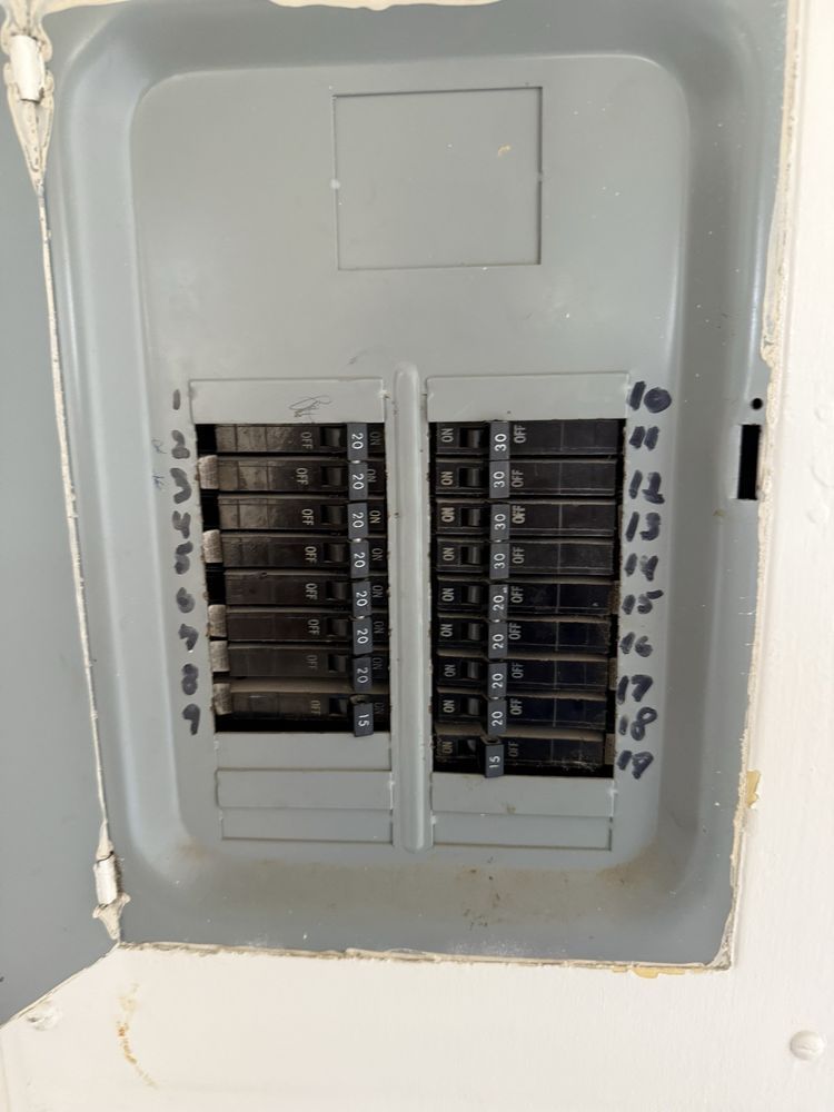 Electrical breaker panel with two columns of labeled circuit switches on a white wall.