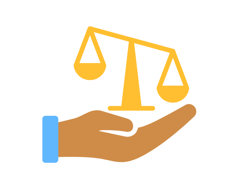 A hand is holding a scale of justice.