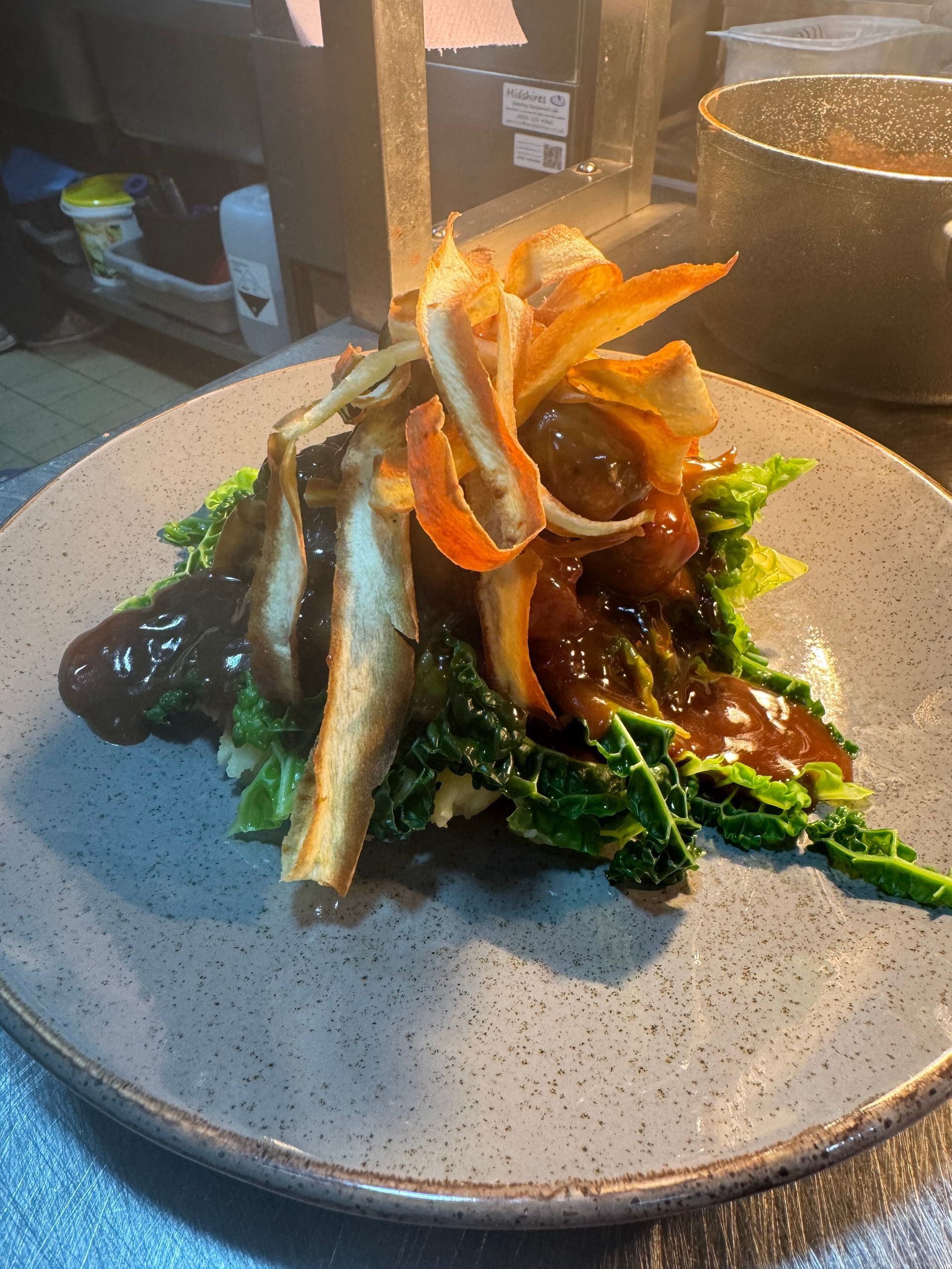 Plated gourmet fish dish with crispy garnish, dark sauce, and green vegetables on a speckled plate