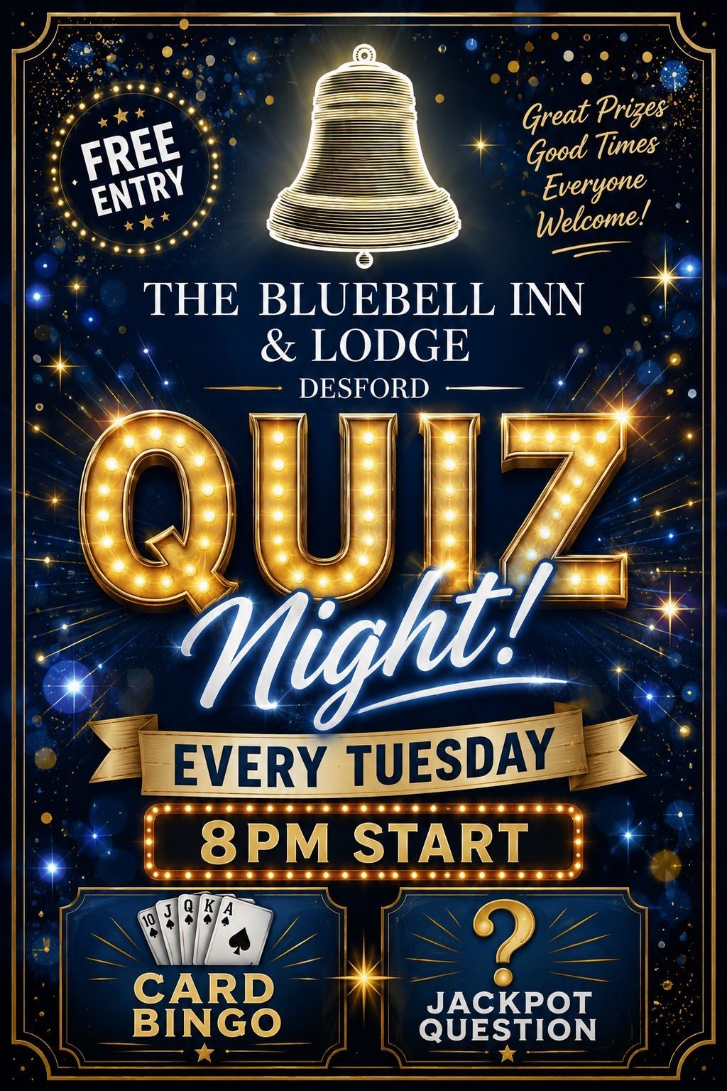 Blue and gold quiz night flyer for Tuesday 8 PM at The Bluebell Inn & Lodge, with card bingo and jackpot quest.